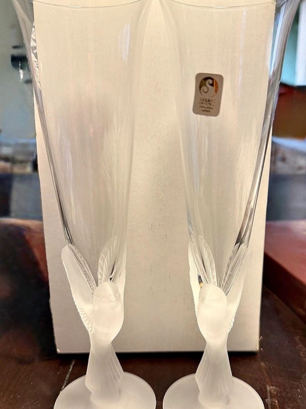 Vintage Sasaki Wings Frosted Dove Crystal Champagne Flutes - Set of 2